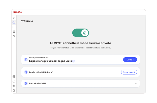 La VPN McAfee ti consente di connetterti a paesi come gli Stati Uniti e/o il paese con una connessione più rapida.