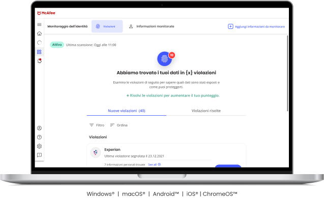 La protezione del furto di identità McAfee indica le nuove fonti trovate in cui i tuoi dati personali avrebbero potuto essere filtrati.