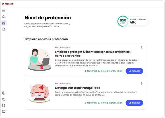 Calcula tu puntuación en materia de seguridad con McAfee Plus empezando con la protección de identidad de tu correo electrónico.