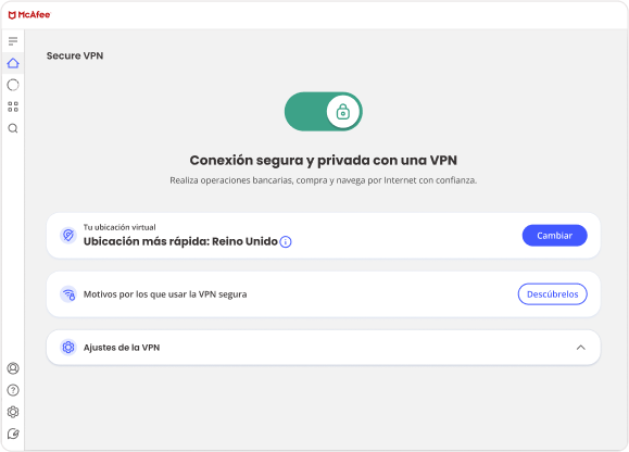 La VPN de McAfee permite conectarte a países como Estados Unidos y/o al país con una conexión más rápida.
