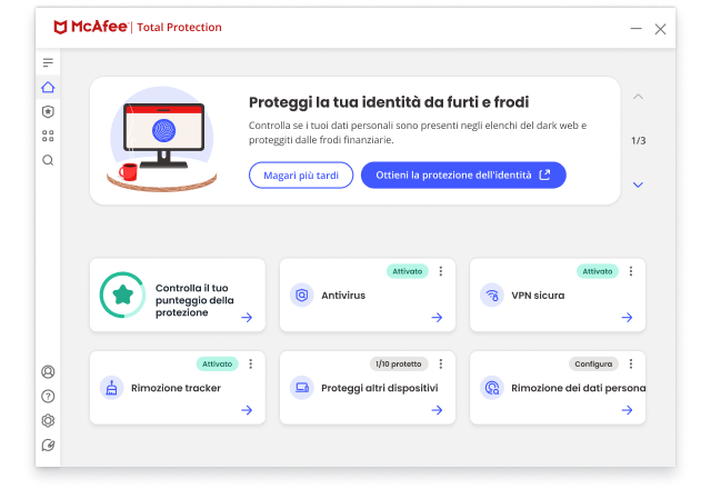 La protezione del furto di identità McAfee mostra le lacune di sicurezza identificate che influiscono sui dati personali.