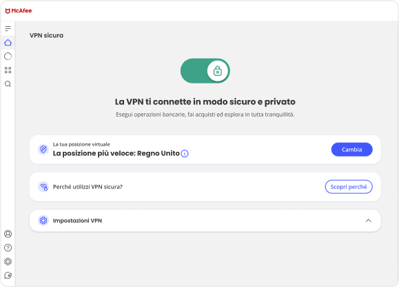 La VPN McAfee ti consente di connetterti a paesi come gli Stati Uniti e/o il paese con una connessione più rapida.
