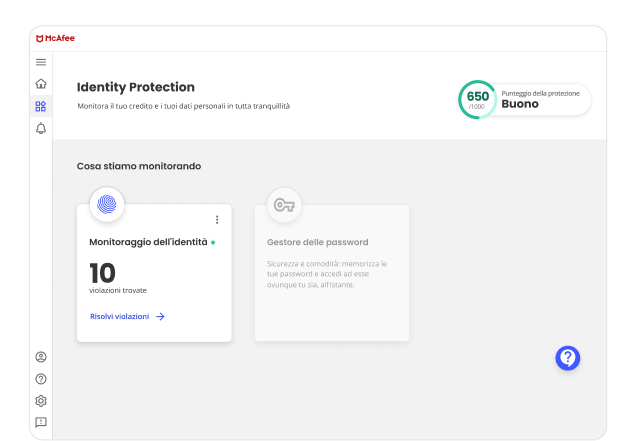 La protezione del furto di identità McAfee offre monitoraggio del credito, identità e responsabile delle password.