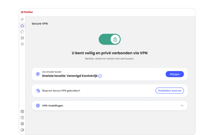 Met de McAfee VPN kunt u verbinding maken met landen zoals de Verenigde Staten en/of het land met een snellere verbinding.