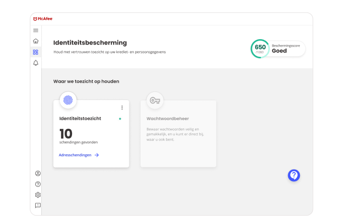 McAfee identiteitsdiefstalbescherming toont u de geïdentificeerde beveiligingskloven die uw persoonlijke gegevens beïnvloeden.